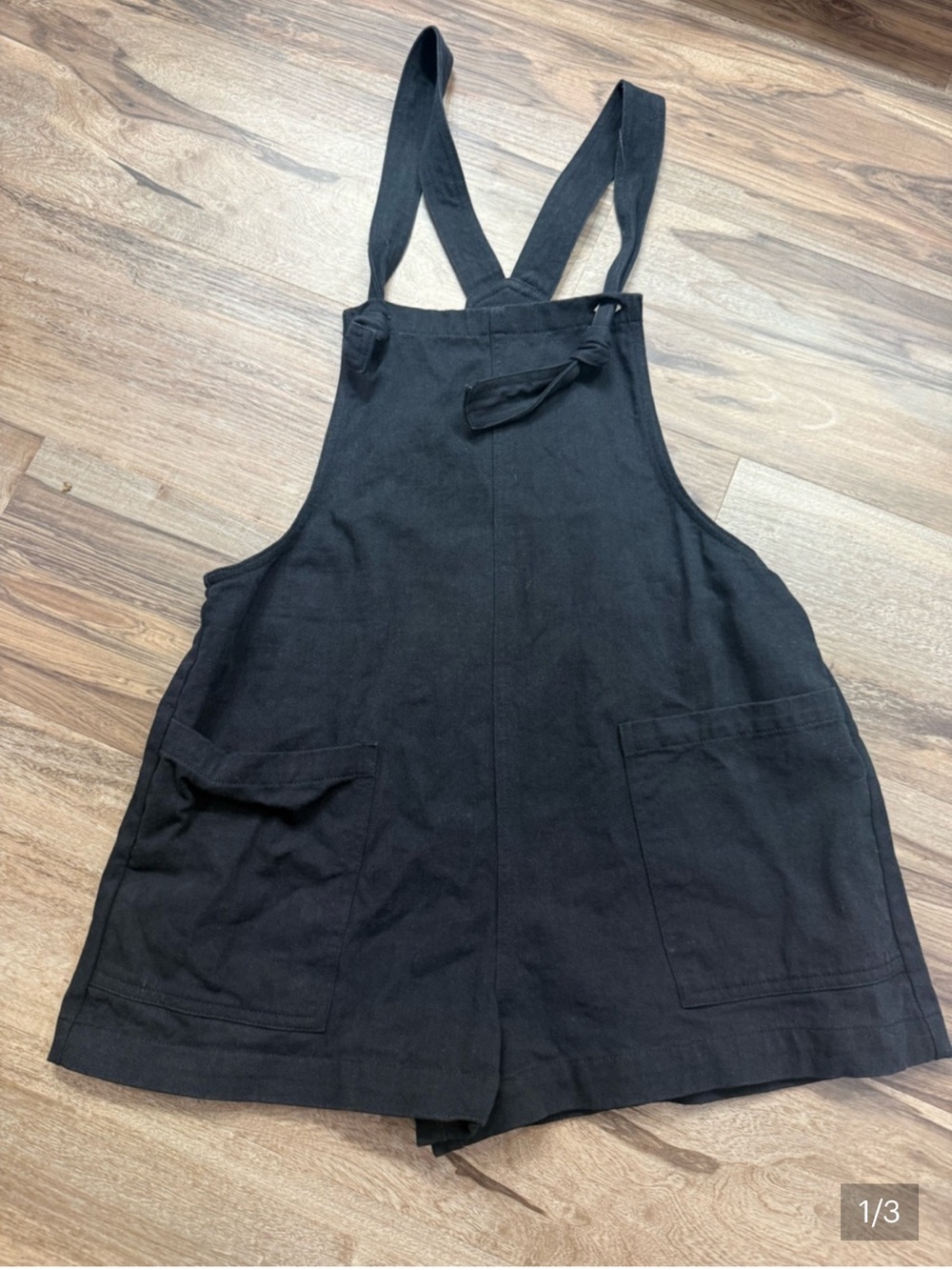 Women's Black Short Overall Romper with Front Pockets